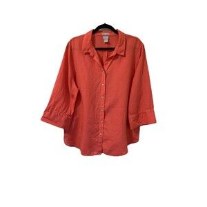 Chicos Size 3 Womens XL Top No Iron 100% Linen Button Front 3/4 Sleeves Coral